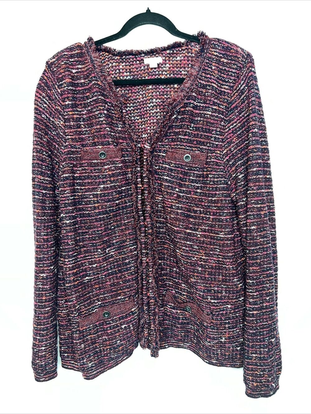 J. Jill Size XL Petite Maroon Tweed Boucle Knit Fringe Hem Jacket Women's